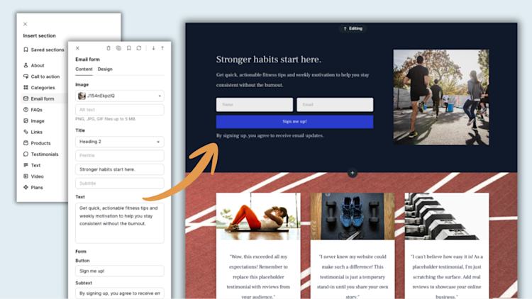 Example Podia email sign up form set up