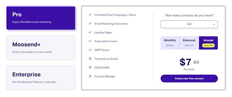 Moosend pricing page